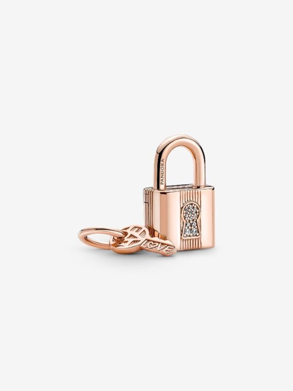 Originale Pandora 780088C01 Argento Sterling 925 Charm Pendente Lucchetto e Chiave dell'Amore da incidere Placcatura in Oro Rosa 14k